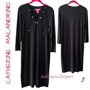 Sweater Dress Black Classy Gold Lace Up Tie front Upscale Catherine Malandrino